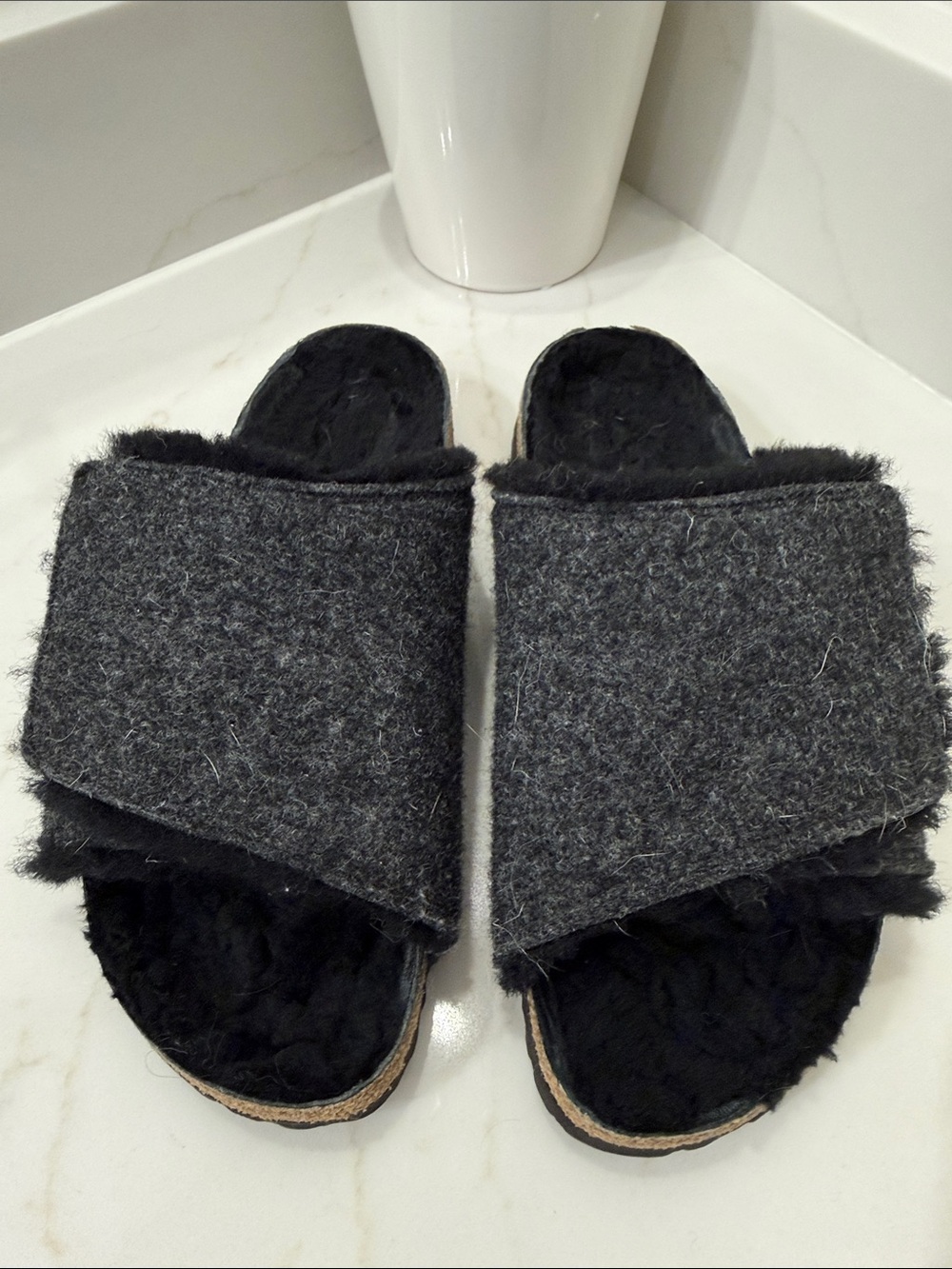 Birkenstock Women's Charcoal Grey Plush Slide Slippers